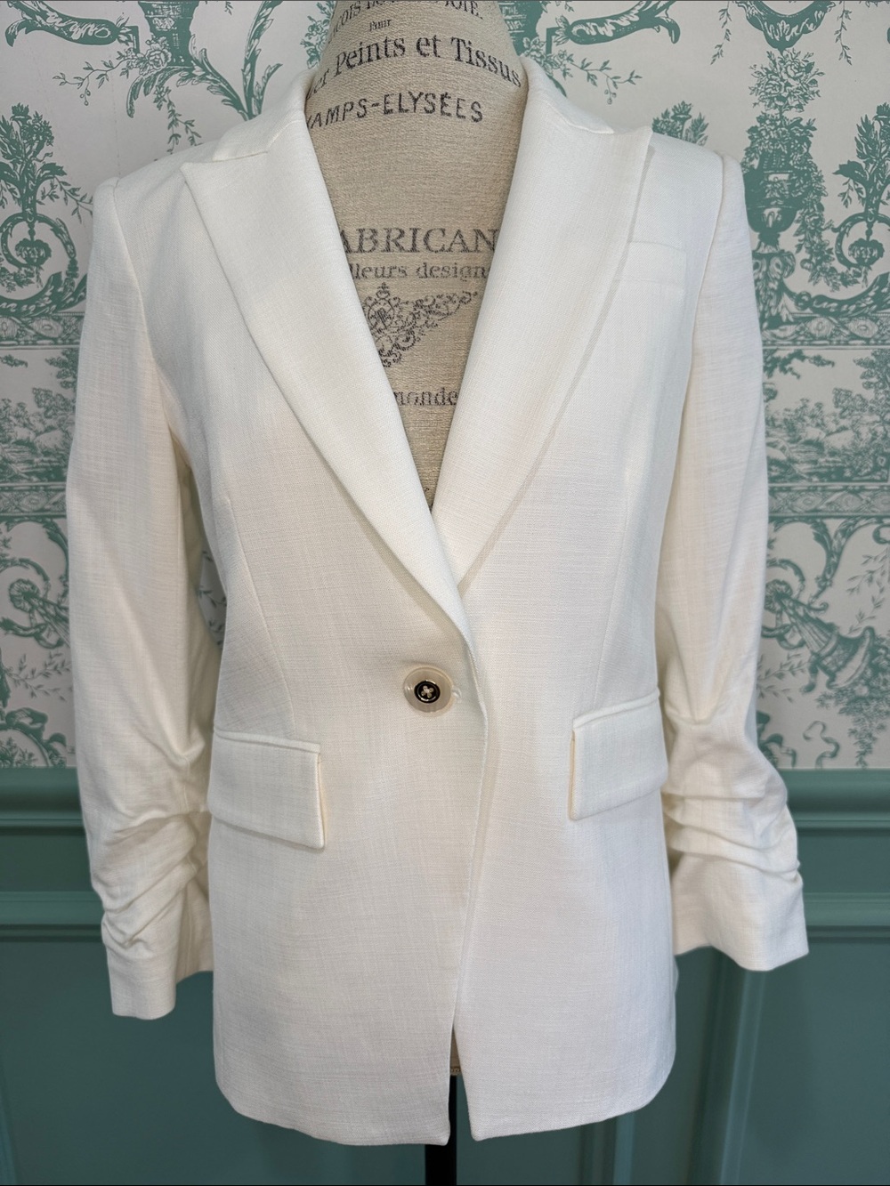 Veronica Beard White Linen Ruched Sleeve Dickey Blazer - Size 6 - Sony Archives